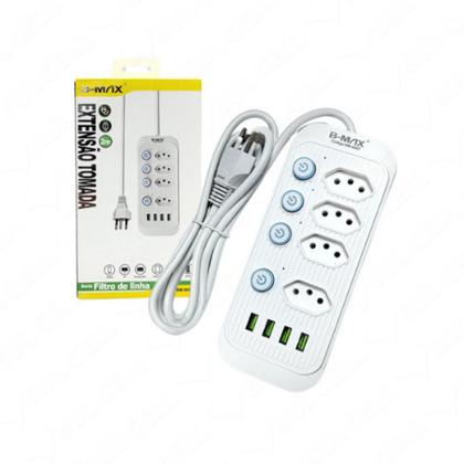 Imagem de Extensão de 2 Metros com 4 Tomadas + 4 USB B-MAX Modelo BM-8697