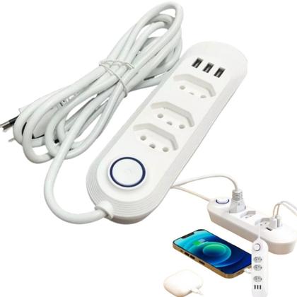 Imagem de Extensão De 3 Tomadas Com 3 Usb Branco Bivolt 2 Metros