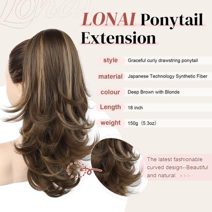 Imagem de Extensão de rabo de cavalo LONAI, cabelo sintético ondulado em camadas de 18 polegadas