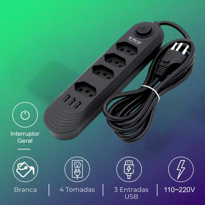 Imagem de Extensão de Tomadas 4 Tomadas + 3 USB B-MAX Modelo BM-8694B