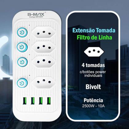 Imagem de Extensão de Tomadas 4 Tomadas + 4 USB B-MAX Modelo BM-8697 - B-MAXModeloBM-8697