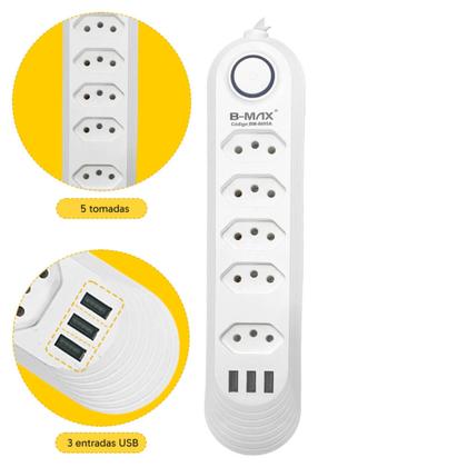 Imagem de Extensão de Tomadas 5 Tomadas + 3 USB B-MAX Modelo BM-8695A