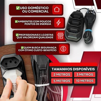 Imagem de Extensão Elétrica 10 Metros + Adaptador de Tomada - Bivolt 110/220 10A Tripolares Preta Resistente