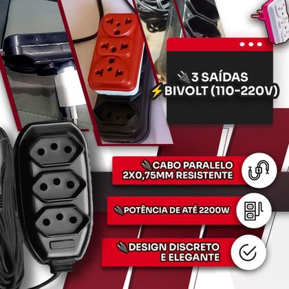 Imagem de Extensão Elétrica 10 Metros + Adaptador de Tomada - Bivolt 110/220 10A Tripolares Preta Resistente