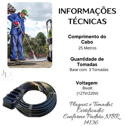 Imagem de Extensão Elétrica 25 Metros 3 Tomadas 10A e 20A Cabo Pp 2x2mm Reforçada Bivolt