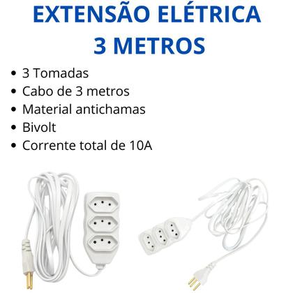 Imagem de Extensão Elétrica 3 Metros Bivolt 3 Tomadas Tripolar 10A 