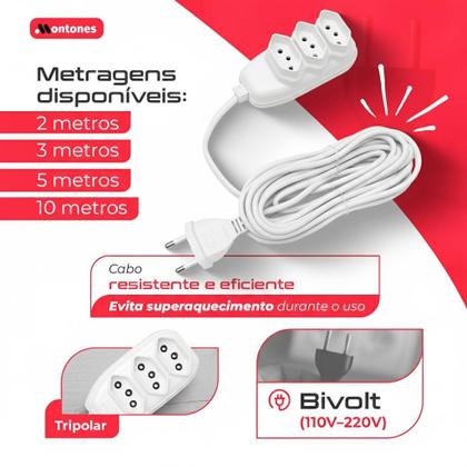 Imagem de Extensão Elétrica 3 Tomadas Tripolar Bivolt 2 3 5 10 Metros Branco