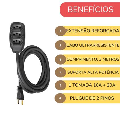 Imagem de Extensão Elétrica 3m Reforçada Cabo PP 2x2 5mm 10A e 20A