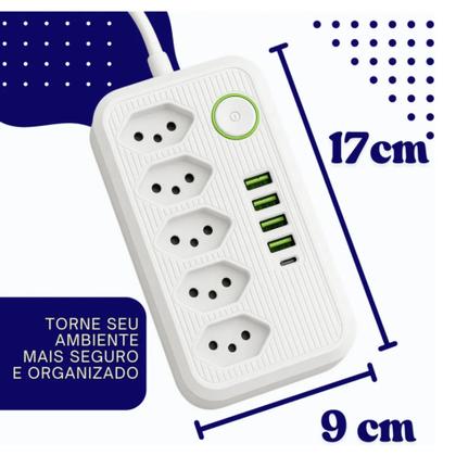 Imagem de Extensão Eletrica 5 Tomadas E 4 Usb 1 Pd Led Tipo C Bivolt