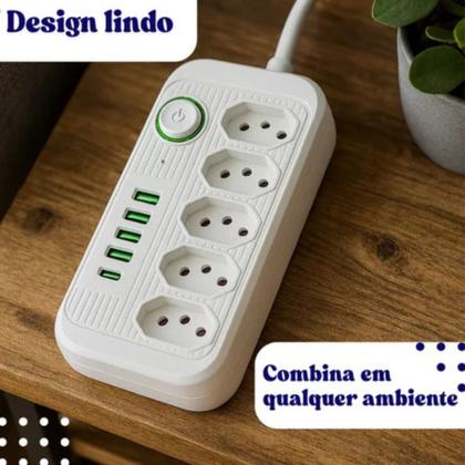 Imagem de Extensão Eletrica 5 Tomadas E 4 Usb 1 Pd Led Tipo C Bivolt