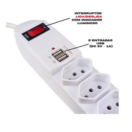 Imagem de Extensão Elétrica 6 Tomadas + 2 USB P/ Carregar Celular 1,5M Chave/Disjuntor Reset/Off Bivolt