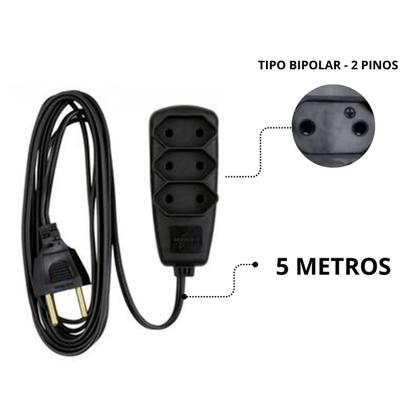 Imagem de Extensão Elétrica Bivolt Tomada Tripla Cabo 5m Bipolar 