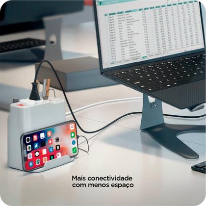 Imagem de Extensão Elétrica de Mesa OCTOO, com 2 Tomadas, USB e USB-C, Apoio para Celular e Porta Objetos, Prata - 10071