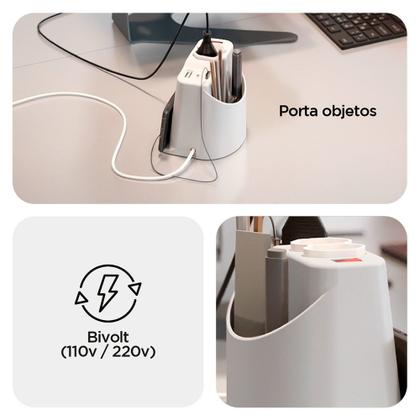 Imagem de Extensão Elétrica de Mesa OCTOO, com 2 Tomadas, USB e USB-C, Apoio para Celular e Porta Objetos, Prata - 10071