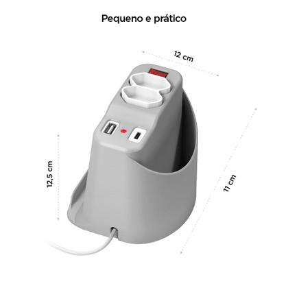 Imagem de Extensão Elétrica de Mesa OCTOO, com 2 Tomadas, USB e USB-C, Apoio para Celular e Porta Objetos, Prata - 10071