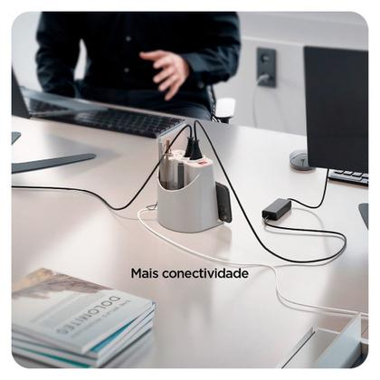 Imagem de Extensão Elétrica de Mesa OCTOO, com 2 Tomadas, USB e USB-C, Apoio para Celular e Porta Objetos, Prata - 10071