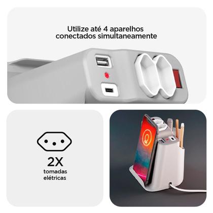 Imagem de Extensão Elétrica de Mesa OCTOO, com 2 Tomadas, USB e USB-C, Apoio para Celular e Porta Objetos, Prata - 10071