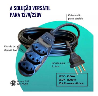 Imagem de Extensão elétrica régua 3 tomadas naticon 3x0,75mm cabo pp 5 metros 3 pinos 2p+t tripolar 10a bivolt 110v 127v 220v preto 