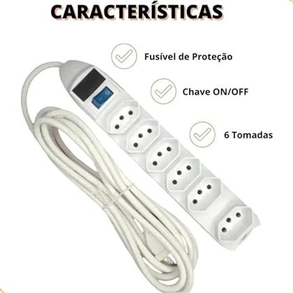 Imagem de Extensão Elétrica Régua 6 Tomada Filtro Linha Fusível Bivolt