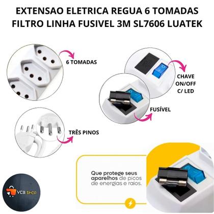 Imagem de Extensao eletrica regua 6 tomadas filtro linha fusivel 3m sl7606