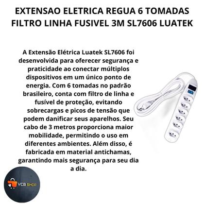 Imagem de Extensao eletrica regua 6 tomadas filtro linha fusivel 3m sl7606