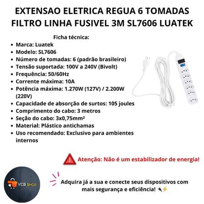 Imagem de Extensao eletrica regua 6 tomadas filtro linha fusivel 3m sl7606