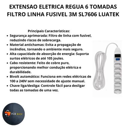 Imagem de Extensao eletrica regua 6 tomadas filtro linha fusivel 3m sl7606