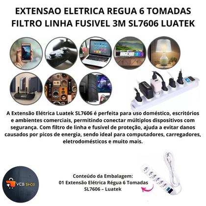 Imagem de Extensao eletrica regua 6 tomadas filtro linha fusivel 3m sl7606