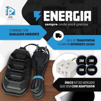 Imagem de Extensão Elétrica Tripla Bilvolt 2/3/5/10 Metros Resistente 110/220v 10A preta 3 tomadas casa e sala