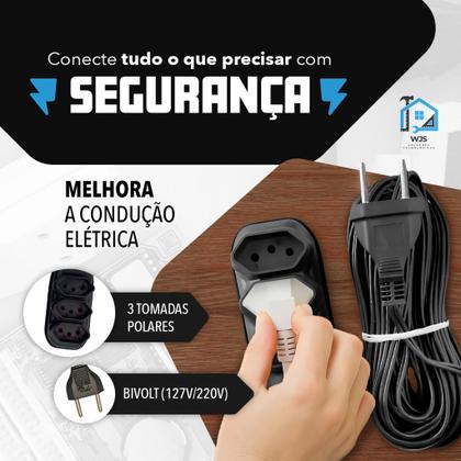 Imagem de Extensão Elétrica Tripla Bilvolt 2/3/5/10 Metros Resistente 110/220v 10A preta 3 tomadas casa e sala