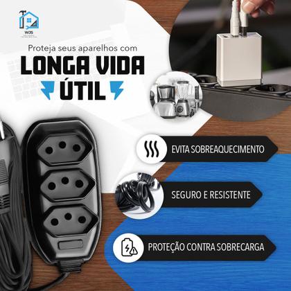 Imagem de Extensão Elétrica Tripla Bilvolt 2/3/5/10 Metros Resistente 110/220v 10A preta 3 tomadas casa e sala