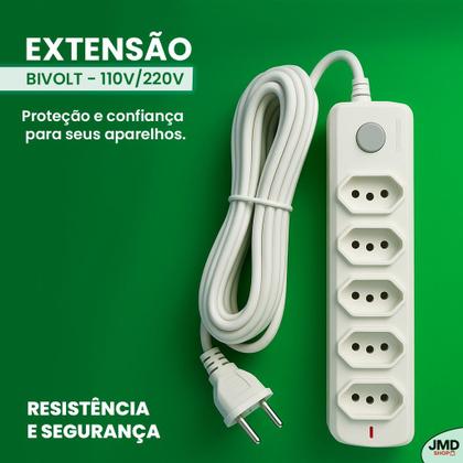 Imagem de Extensão Elétrica Tripolar 5 Tomadas Bivolt Cabo 3 Metros Resistente