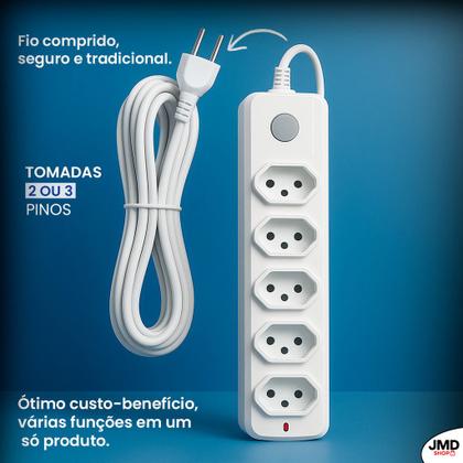 Imagem de Extensão Elétrica Tripolar 5 Tomadas Bivolt Cabo 3 Metros Resistente