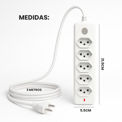 Imagem de Extensão Elétrica Tripolar 5 Tomadas Bivolt Cabo 3 Metros Resistente