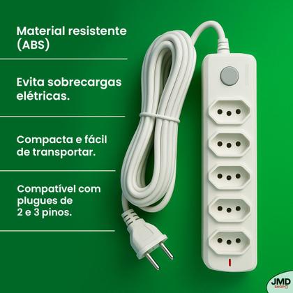 Imagem de Extensão Elétrica Tripolar 5 Tomadas Bivolt Cabo 3 Metros Resistente