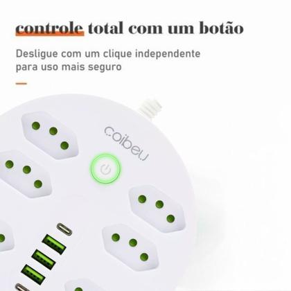 Imagem de Extensão Filtro de Linha Redondo 6 Tomadas 3 USB-A 2 USB-C Carregamento Rápido Proteção Contra Sobrecarga