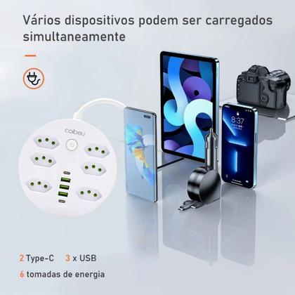 Imagem de Extensão Filtro de Linha Redondo 6 Tomadas 3 USB-A 2 USB-C Carregamento Rápido Proteção Contra Sobrecarga