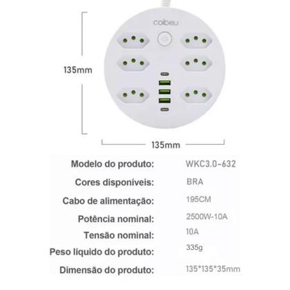 Imagem de Extensão Filtro de Linha Redondo 6 Tomadas 3 USB-A 2 USB-C Carregamento Rápido Proteção Contra Sobrecarga