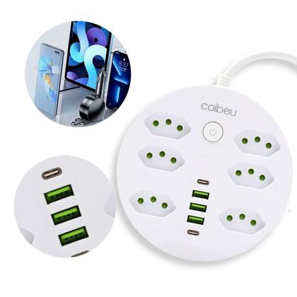 Imagem de Extensão Filtro de Linha Redondo 6 Tomadas 3 USB-A 2 USB-C Carregamento Rápido Proteção Contra Sobrecarga
