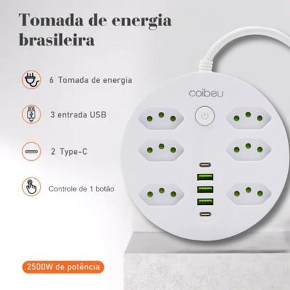 Imagem de Extensão Filtro de Linha Redondo 6 Tomadas 3 USB-A 2 USB-C Carregamento Rápido Proteção Contra Sobrecarga