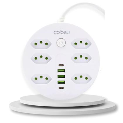 Imagem de Extensão Filtro de Linha Redondo 6 Tomadas 3 USB-A 2 USB-C Carregamento Rápido Proteção Contra Sobrecarga
