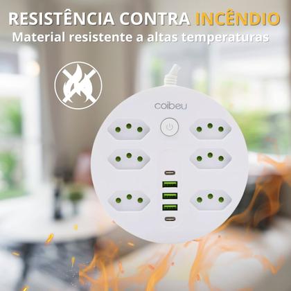 Imagem de Extensão Filtro de Linha Redondo 6 Tomadas 3 USB-A 2 USB-C Carregamento Rápido Proteção Contra Sobrecarga