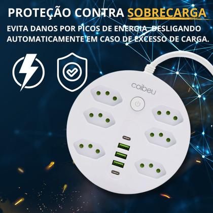Imagem de Extensão Filtro de Linha Redondo 6 Tomadas 3 USB-A 2 USB-C Carregamento Rápido Proteção Contra Sobrecarga