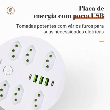 Imagem de Extensão Filtro de Linha Redondo 6 Tomadas 3 USB-A 2 USB-C Carregamento Rápido Proteção Contra Sobrecarga