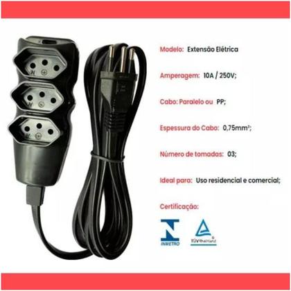 Imagem de Extensão Megatron -- Cabo PP -- Plano -- 3x0,75 -- 10 Metros --  Preta