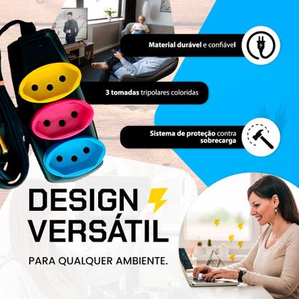 Imagem de Extensão Multicolorida Tripolar 10A - 2/3/5/10 Metros - Bivolt para Uso Doméstico e Comercial