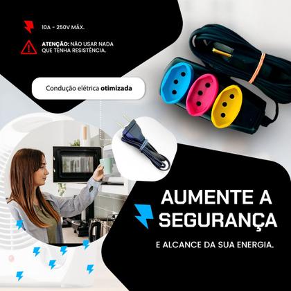 Imagem de Extensão Multicolorida Tripolar 10A - 2/3/5/10 Metros - Bivolt para Uso Doméstico e Comercial