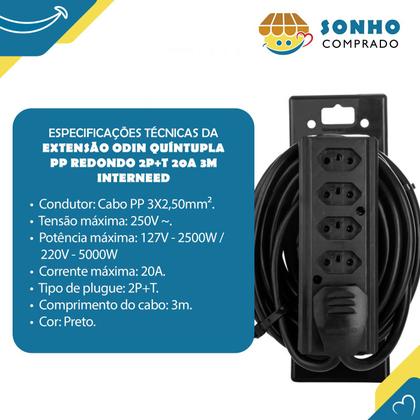 Imagem de Extensão Odin Quíntupla PP redondo 2P+T 20A 3M Preta 060611 InterNEED