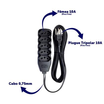 Imagem de Extensão Reforçada Tripolar 5 Tomadas 10A 5 Metros Preto - Force Line
