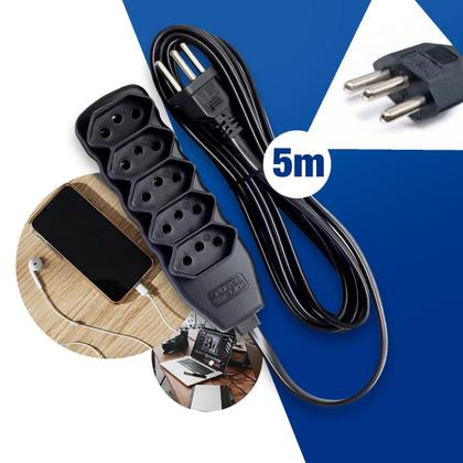Imagem de Extensão Reforçada Tripolar 5 Tomadas 10A 5 Metros Preto - Force Line